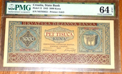 Croatia 5000 Kuna 1943 P13 Uncirculated PMG Grade 64EPQ WWII Era Croatian Note - Image 1 of 4