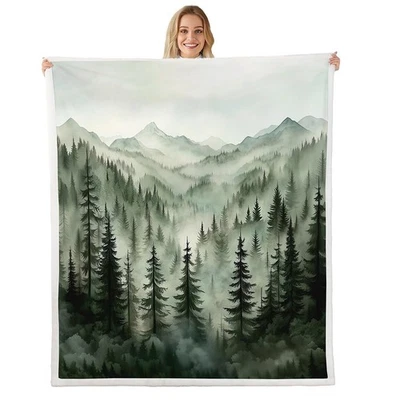 Smoky Mountain Throw Blanket Queen 90"X90",Nature Forest Green Fleece Bed Bla... - Image 1 of 4