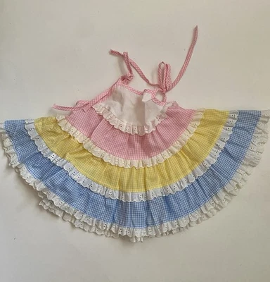 Vintage Baby Girl 3-6 Mo Pink Yellow Blue Check Gingham Ruffled Eyelet Sun Dress - Image 1 of 4