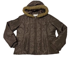 VTG Weather Tamer Women XL Quilted Puffer Jacket Brown Hooded Faux Fur Coat Zip - Picture 1 of 24