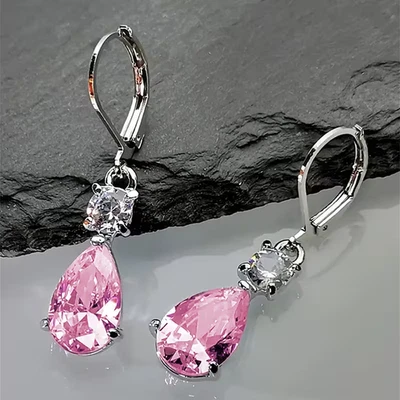 Ladies pink synthetic zirconia teardrop earrings with nickel free plating - Image 1 of 3