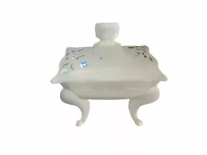 Trinket Dish Footed With Lid Vintage Frosted Glass Hand Painted - Picture 1 of 10