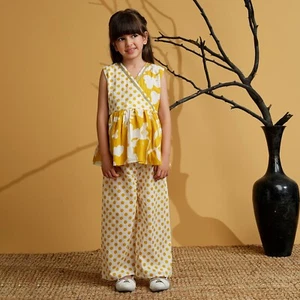 Girls Cotton Sleeveless angrakha style Dress Polka Dot Print Girls Co-Ords - Picture 1 of 30