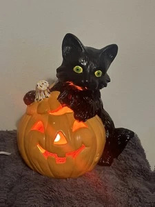 Vtg Black Cat & Pumpkin Ceramic Mold Halloween Decor Jack O Lantern Light Up - Picture 1 of 13