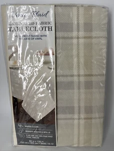 Venice Plaid Laminated Fabric Tablecloth Beige Wipes Clean Resists Stain 60x120" - Picture 1 of 6