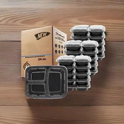 15 Lidded Meal Prep Containers Freshware 3 compart. 24 oz Food Storage Microwave - Image 1 of 4