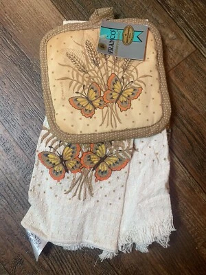 Vintage  Franco kitchen Towel Ovenmitt Set Wheat Butterflies Country Classics - Image 1 of 4