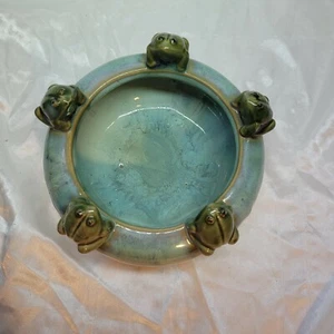 Vintage Blue Green Majolica Style Frog Planter W/5 Frogs On Rim And 3 Feet Base - Picture 1 of 11