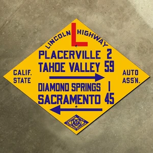 Placerville California CSAA Lincoln Highway señal de tráfico auto club AAA diamante US50 - Imagen 1 de 1