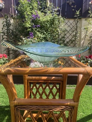 Rare Dale Tiffany Hankley Hand Blown Art Glass Bowl Green Swirl Ruffle Edge  - Image 1 of 4