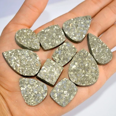 10 Pcs 697 Cts Natural Pyrite Druzy Loose Gemstone Lot 35x27 21x15mm #16189 - Image 1 of 4