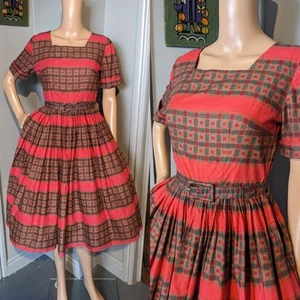 Vintage 50s Red Green Check Stripe Cotton Swing Circle Belted Dress 8 36 - Picture 1 of 9