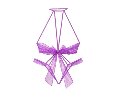 Victoria's Secret BOW PLAYSUIT TEDDY one-piece crotchless PURPLE tease mesh S - Image 1 of 4