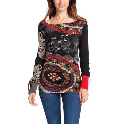 DESIGUAL Elba Long Sleeve Top Women XXL Black Graphic Print Knit Stretch Pleated - Image 1 of 4
