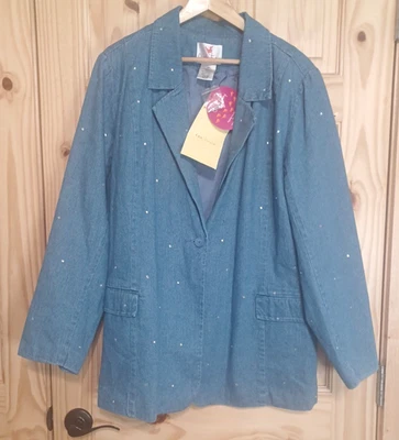 Quaker Factory VTG Womens Blue Denim Bling Women's Blazer Sz Plus 1X Lined Y2K - Image 1 of 4
