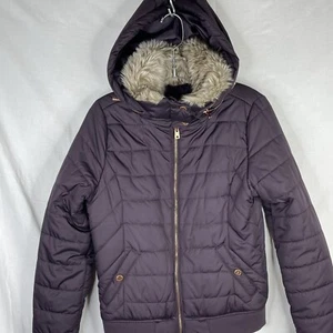 Veste tampon aéropostale juniors XS violet bordure fausse fourrure manteau capuche cachée - Photo 1/11