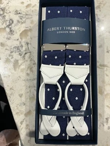 ALBERT THURSTON NAVY WITH WHITE SPOTS RIGID LEATHER END BRACES - Picture 1 of 3