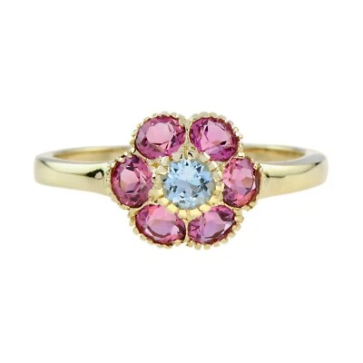 Anillo racimo floral vintage de turmalina rosa aguamarina natural de oro amarillo de 9 quilates Foto 1 de 4