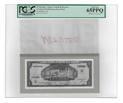 El Salvador 1 Colone 31-8-1964 P94 " Essay Face Proof" Uncirculated Grade 65 - Image 1 of 2