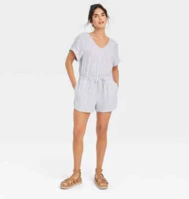 Women's Blue White Striped Short Sleeve Romper Linen Universal Thread Medium - Image 1 of 3