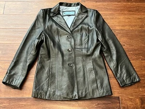 Kenneth Cole Reaction Black Leather Women's Medium P Button Up Blazer Jacket - Picture 1 of 15