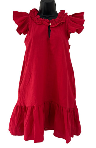 VETEMENTS Abito nuovo senza etichette Never a Wallflower taglia XS rosso volant orlo svasato maniche svolazzanti