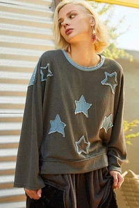 POL Exposed Seam Relaxed Fit Sweater with Star Denim Patch - Picture 1 of 11