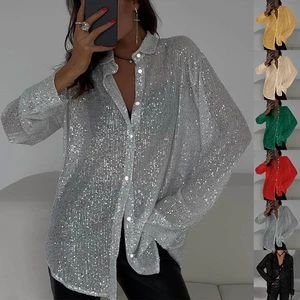 Women Ladies Sequins Long Sleeve T-shirt Blouse Tops Button Up Shirts Clubwear - Picture 1 of 27