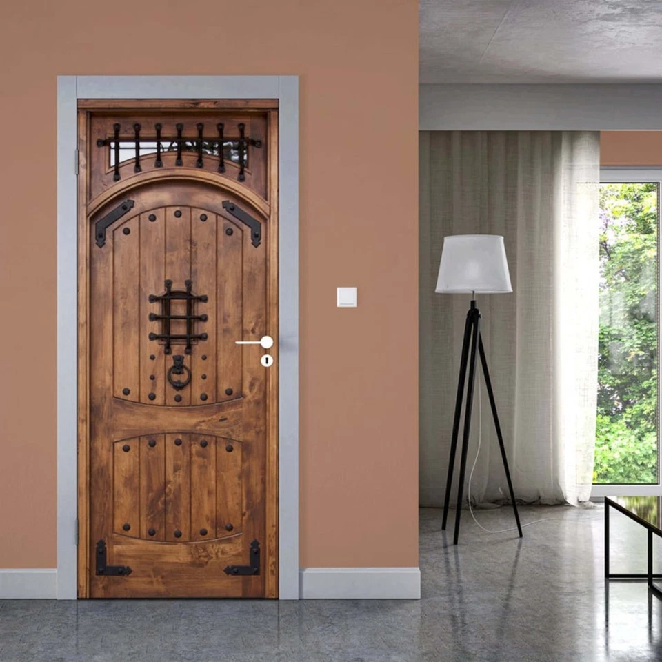 Türtapete selbstklebend TürPoster Türfolie - HOLZTÜR MIT GITTER - TÜR AUS HOLZ - Bild 1 von 4