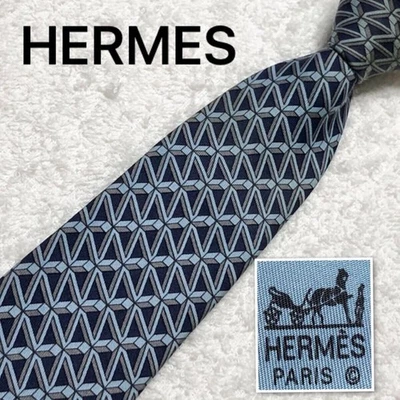 HERMES tie three dimensional check all over pattern 100 silk made in France navy - Image 1 of 4
