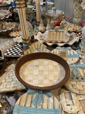 MacKenzie-Childs  Parchment Check Rattan & Enamel Serving Tray. - Image 1 of 4