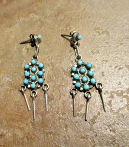 1 5/8"  Vintage Zuni Sterling Snake Eye / Petit Point Turquoise Dangle Earrings - Picture 1 of 8