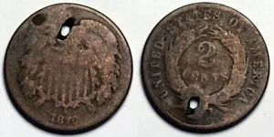 1870 Two Cent Piece - Holed - Picture 1 of 1