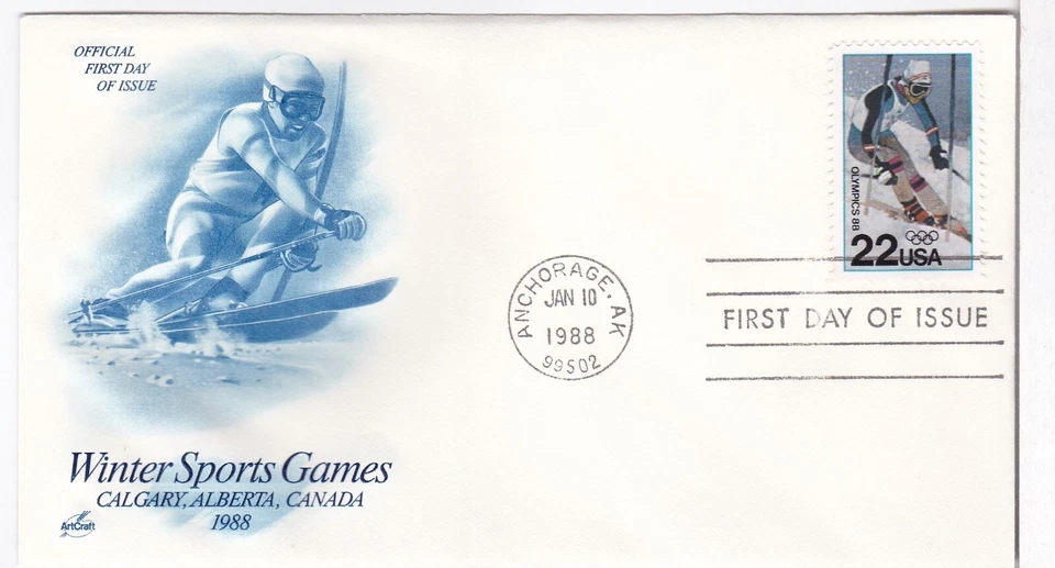 TurtlesTradingPost- Olympics- Downhill Skier 1988 #2369 FDC Artcraft Cachet - Image 1 of 1