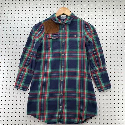 Ralph Lauren Button Shirt Girls Size 12 Blue Green Plaid Leather Hunt 16x28.5 - Image 1 of 4