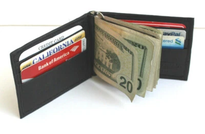 MEN GENUINE LEATHER SPRING MONEY CLIP THIN BIFOLD WALLET Credit Card Holder - Image 1 of 4