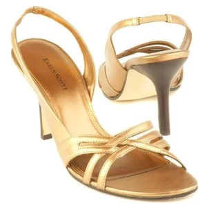 New KAREN SCOTT Women Gold Leather High Heel Slingback Sandal Shoe Sz 7 M - Picture 1 of 3