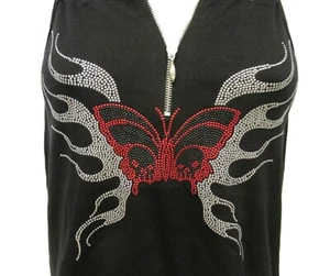 Butterfly Rhinestone Bling 14 Zipper V-Neck Black Tank Top Shirt - Picture 1 of 4