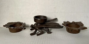 Lot of 3 Vintage Cast Iron Candle Holders, 1 Flying Dragonfly, 2 Leaves - Picture 1 of 11
