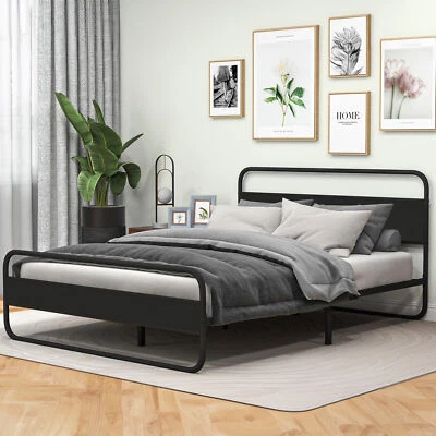 Queen Size Bed Frame Heavy Duty Metal Platform with Wooden Headboard Black - Image 1 of 4