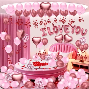 Valentines Day Balloons Kit with Rose Gold Pink Heart Balloons Rose Petals I Lov - Picture 1 of 12