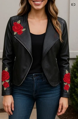 Chaqueta Moto INC Talla XL Y2K Vintage Rosa Bordada Vegana Imitación Cuero Capricho Foto 1 de 4