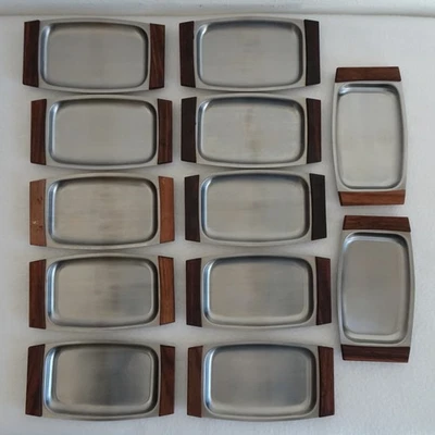 Mini Tray Stainless Steel Wood MCM Danish Style Plates Vintage Set of 12 - Image 1 of 4