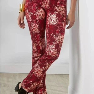 NEW Soft Surroundings Perfect Ponte Pants Red Gold Floral Straight Leg Sz M - Picture 1 of 12