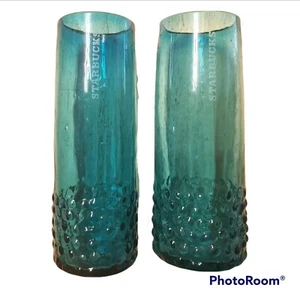 Starbucks Blown Glass Hobnail Tall Glasses Textured Blue Glass - Picture 1 of 4