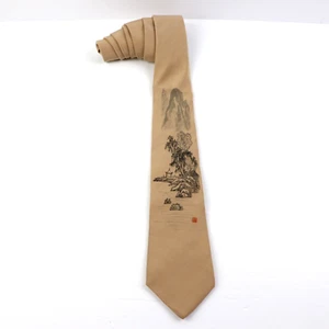 Pearl Men's Asian Landscape Art 100% Pure Silk Camel Beige Tie - Picture 1 of 7