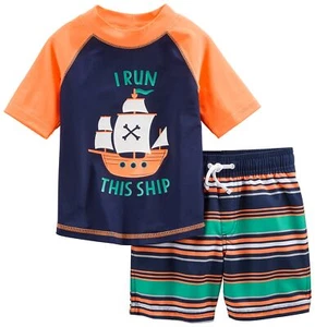 Boys' Swimsuit Trunk and Rashguard Set Navy Orange Ships/White Stripe 3T - Picture 1 of 4