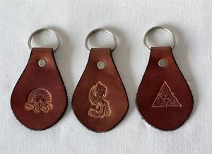 3 x Brown Leather Keyrings With Different Embossed Stamped Designs #OM5 - Picture 1 of 3