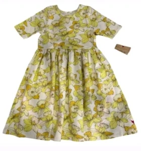 Pink Chicken Yellow Daffodils Steph Dress Organic Short Sleeve Girls Size 7 NEW - Picture 1 of 9