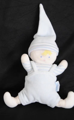 Peluche doudou lutin garçon COROLLE poupée blanc bleu rayé hochet grelot 18 cm - Photo 1/2